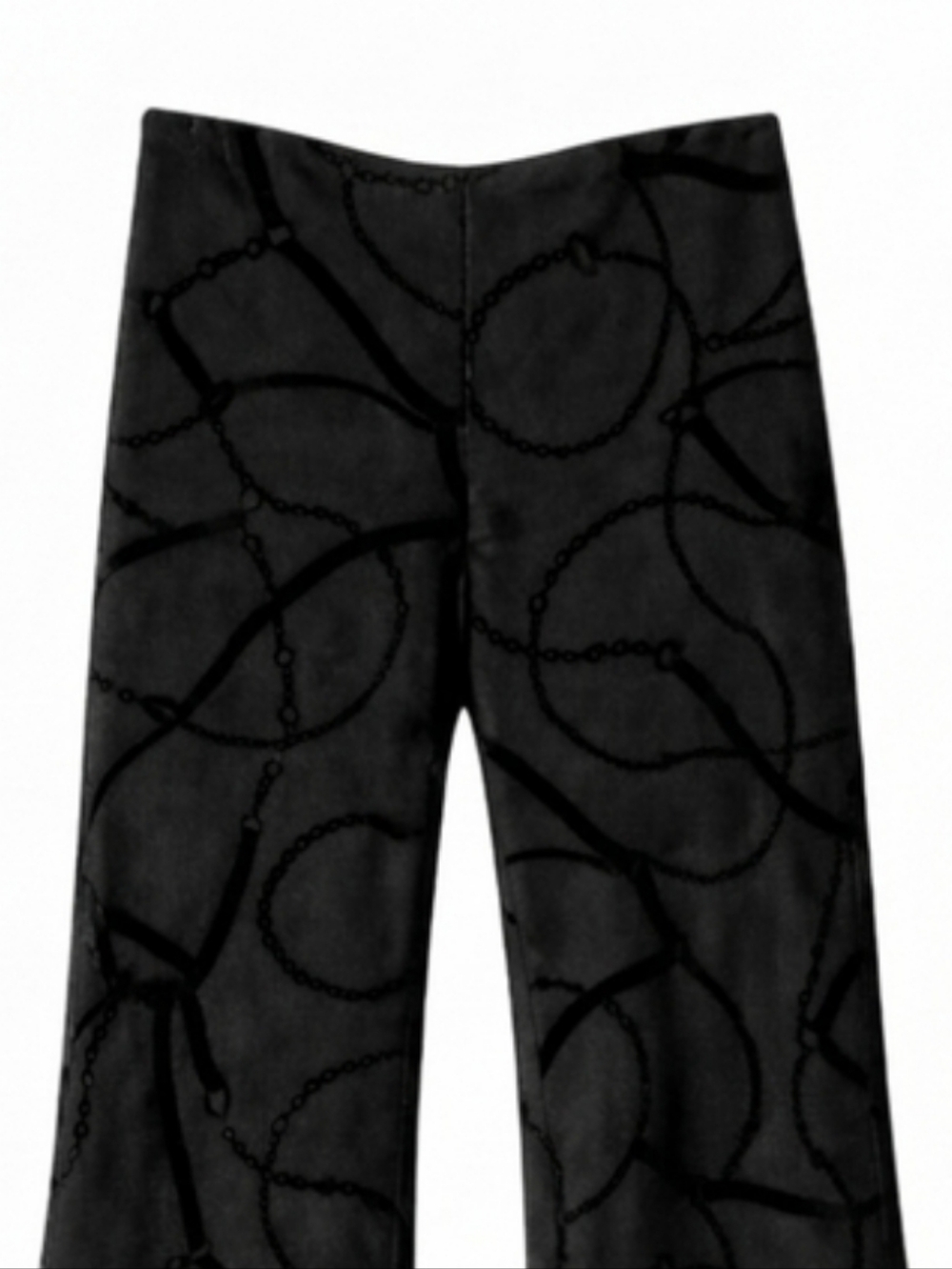 Chico's Black Velvet Chain Print Sleek Stretch Charcoal Black Wide Leg Trousers